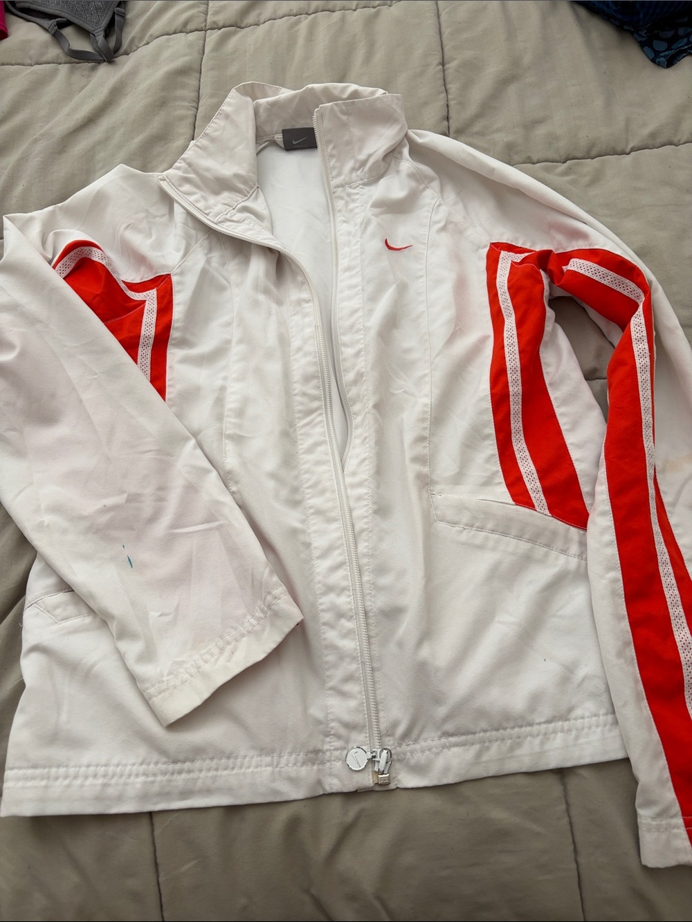 Nike White Bomber Jacket with Red Stripe Accents